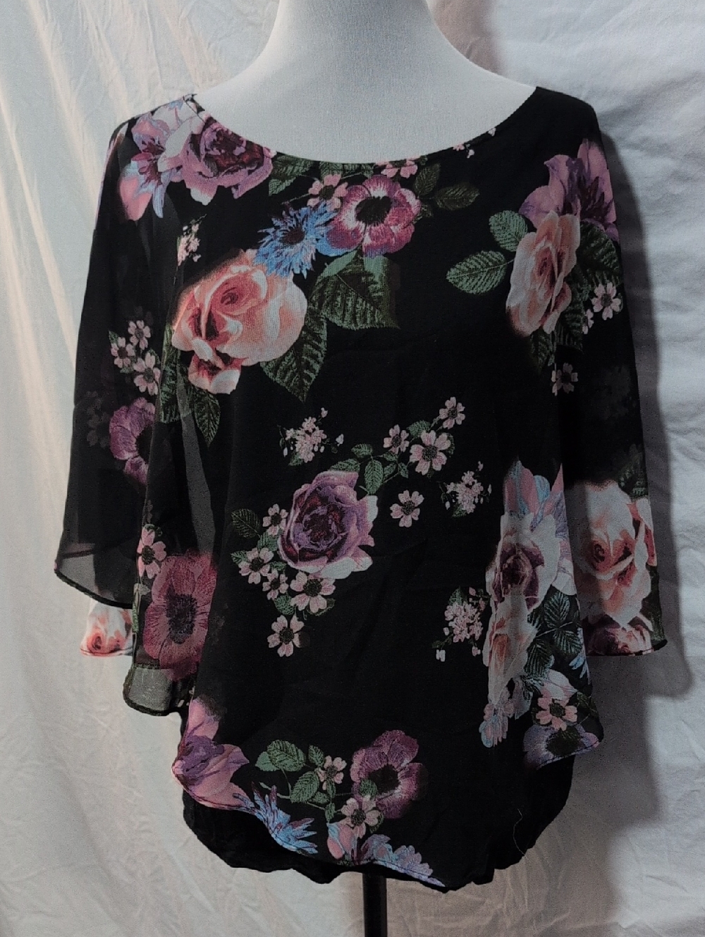 Black Floral Chiffon Blouse with Pink and Purple Roses